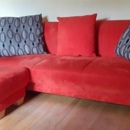 Sofa, 3-Sitzer und Hocker, hochwertiger Stoffbezug, orange